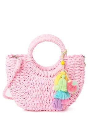 Most Wanted USA Pastel Pink Straw Top Handle Crossbody Boho Bag Tassels PomPom